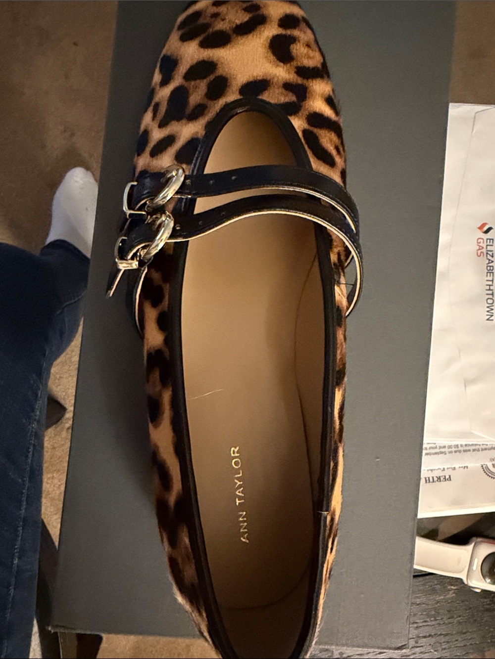 Ann Taylor Leopard-Print Mary Jane Flats with Black Straps